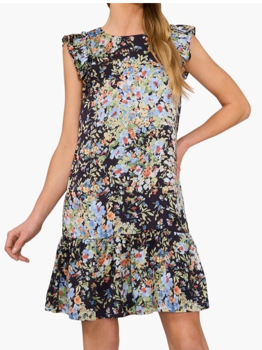 CeCe Floral Ruffle Sleeve Black Size M